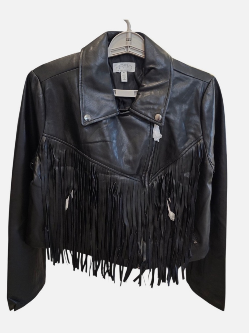 NWT Sofia Vergara Faux Leather Cropped Fringe Zip Up Jacket Ladies Small - Picture 2 of 4